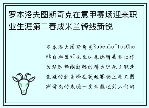 罗本洛夫图斯奇克在意甲赛场迎来职业生涯第二春成米兰锋线新锐