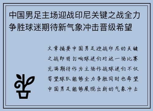 中国男足主场迎战印尼关键之战全力争胜球迷期待新气象冲击晋级希望