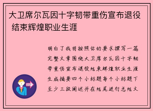 大卫席尔瓦因十字韧带重伤宣布退役 结束辉煌职业生涯